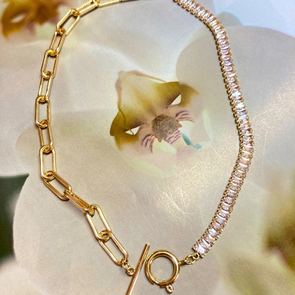 🌟 Trendy Gold Two Tone Chain Necklace Chunky Crystals Choker - Picture 5 of 5